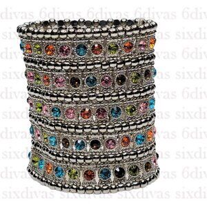 SPARKLING multicolor crystals multi layer stretch wide cuff bracelet